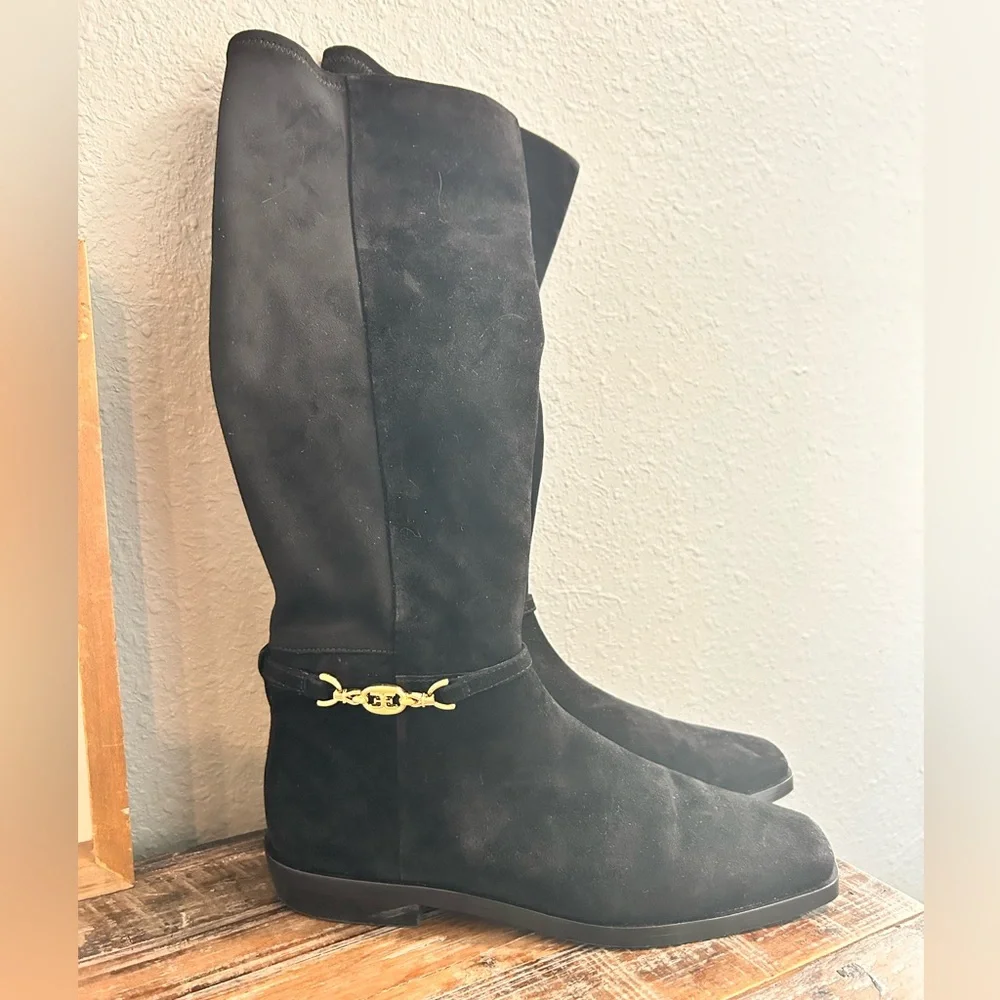 Sam Edelman Women's Clive Gold Buckled Black Velvet Riding‎ Boots Size 8.5